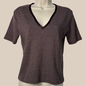 Vintage Chazzz By Charles Chailian Brown V Neck Top Satin Trim MD In USA SZ L